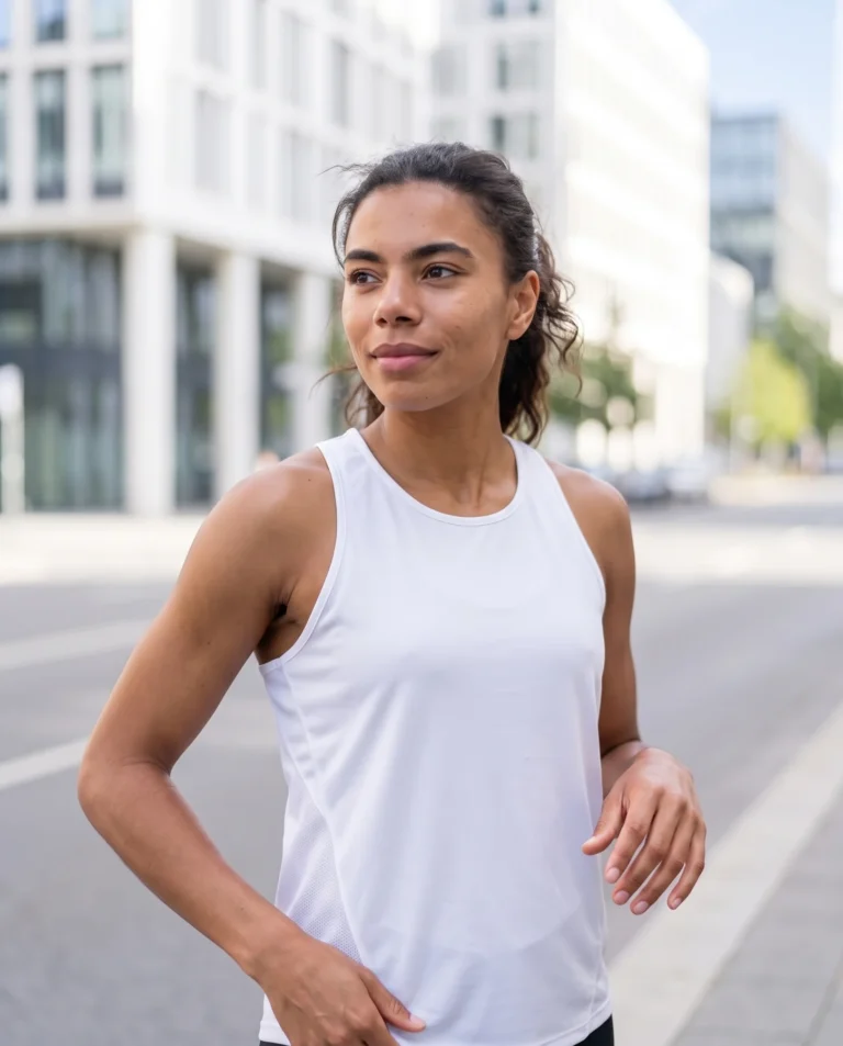 Woman wearing the white Ladies PR Max Track Jersey outdoors.