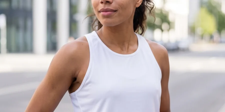 Woman wearing the white Ladies PR Max Track Jersey outdoors.