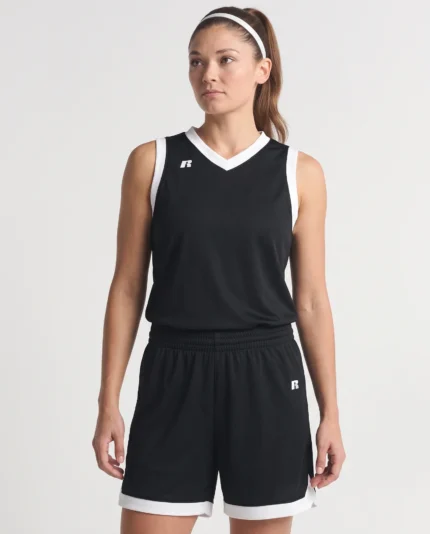 Women’s Russell Elite Coolcore jersey and shorts in Black and White, styling view