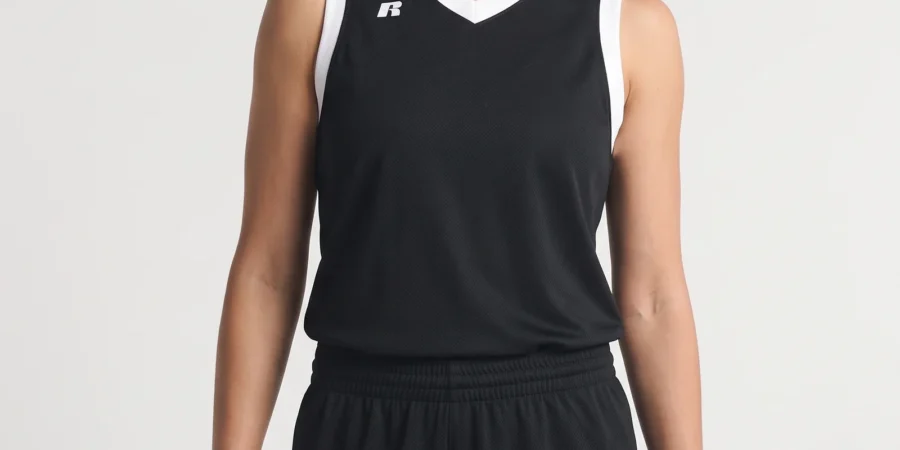 Women’s Russell Elite Coolcore jersey and shorts in Black and White, styling view
