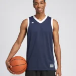 Russell Elite Coolcore Basketball Jersey in Navy and White, lifestyle front view