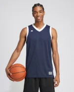 Russell Elite Coolcore Basketball Jersey in Navy and White, lifestyle front view