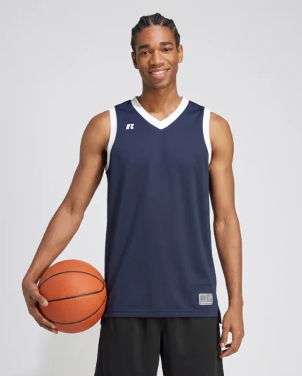 Russell Elite Coolcore Basketball Jersey in Navy and White, lifestyle front view