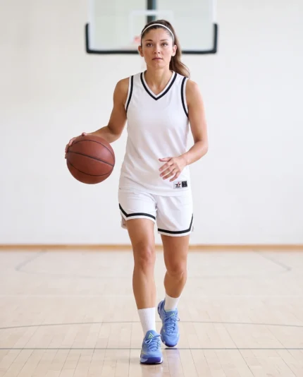 Women’s Retro basketball jersey and shorts in White and Black, court styling view