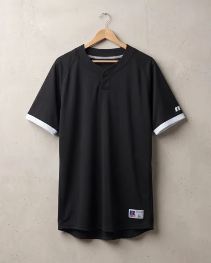 Russell Baseline Covered Placket Baseball Jersey in Black and White, hanging styling view