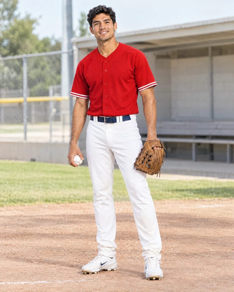Baseball player wearing a blank red jersey on a baseball diamond