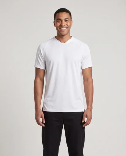 Man wearing the white Hawk Evolution Soccer Jersey in a studio portrait.