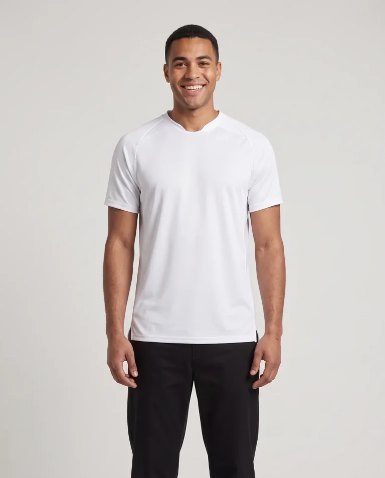 Man wearing the white Hawk Evolution Soccer Jersey in a studio portrait.
