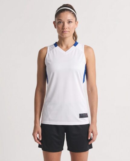 Ladies Step Back Basketball Jersey worn by a model