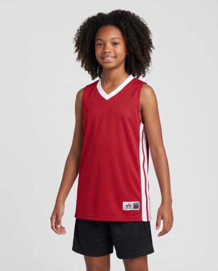 Youth Single Ply Basketball Jersey worn by a model