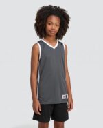 Youth Single Ply Basketball Jersey 2 worn by a model