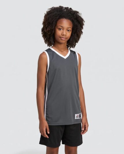 Youth Single Ply Basketball Jersey 2 worn by a model