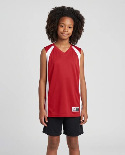 Youth Double Ply Reversible Basketball Jersey worn by a model